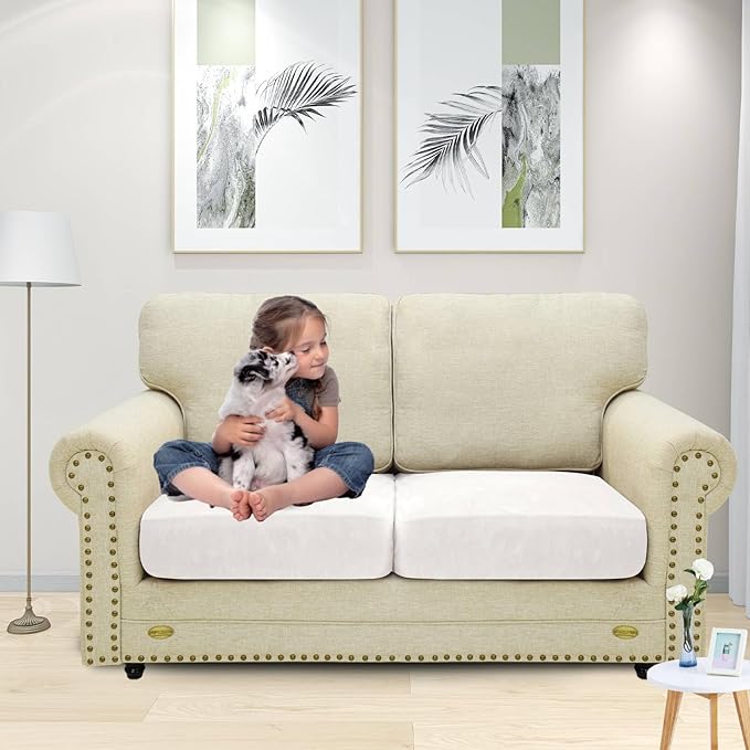 MAXIJIN Velvet Stretch Seat Cushion Covers Couch Cushion Cover for Individual Cushions Sofa Seat Cushion Slipcovers with Elastic Bottom (2 Piece Sofa Cushion Covers, White)