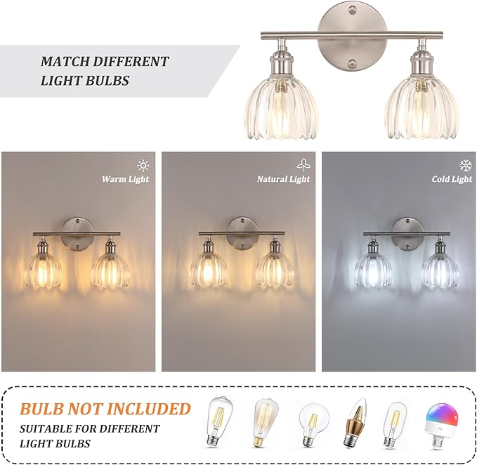 Bathroom Light Fixtures, 2-Light Vanity Wall Light Over Mirror with Clear Tulip Glass Shade for Bedroom Living Room (Bulb Not Included), Satin Nickel