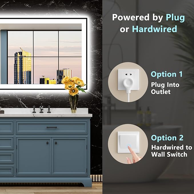 84x32 Inch Black Framed LED Bathroom Mirror with Lights, Backlit & Front Lit, Anti-Fog Lighted Vanity Mirrors for Bathroom Wall, Dimmable, 3-Color Light, Memory, Shatter-Proof, Tempered Glass