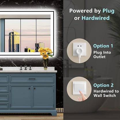 84x32 Inch Black Framed LED Bathroom Mirror with Lights, Backlit & Front Lit, Anti-Fog Lighted Vanity Mirrors for Bathroom Wall, Dimmable, 3-Color Light, Memory, Shatter-Proof, Tempered Glass