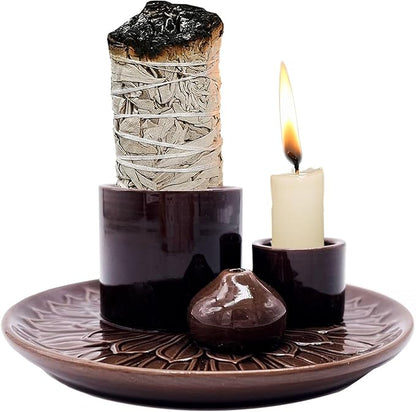 4 in 1 Multifunctional Ceramic Incense and Candle Holder with Ash Catcher Tray Suit for Burning White Sage, Palo Santo Sticks (Dark Brown)