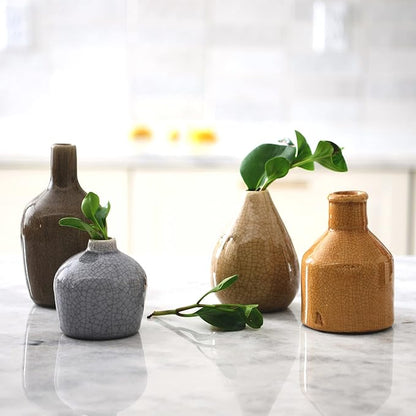 Creative Co-Op Stoneware Bud Vases in Crackle Glaze, Grey/Mustard Tones, Set of 4