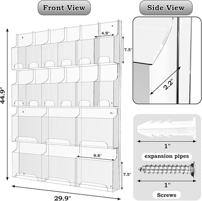 Acrylic Brochure Pamphlet Holder, 6 Magazine Holders and 12 Pamphlet Holders, Clear Brochure Display Holder Wall Mount, Trifold Flyer Rack, Literature Storage Rack for Home, Offices, Waiting Room