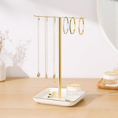 pickpiff Necklace Holder Stand with Ceramic Base: 12" Jewelry Tree Display Organizer for Necklaces, Bracelets, Rings, Earrings, Tall Gold Stand for Women, Aesthetic Room Décor, Gold and White
