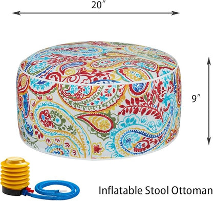 Inflatable Outdoor Ottoman with Air Pump,20"x9" Portable Patio Pouf,Water Resistant,Fade-Resistant,Round Blow Up Footrest Stools for Home Garden Camping Travel(Phoenix)