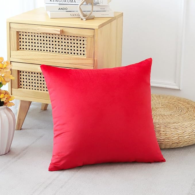 Artscope Luxury Velvet Pillow Covers Decorative Square Pillowcases Soft Solid Cushion Cases for Couch Sofa Bedroom Home Decor 18x18 Inch Red