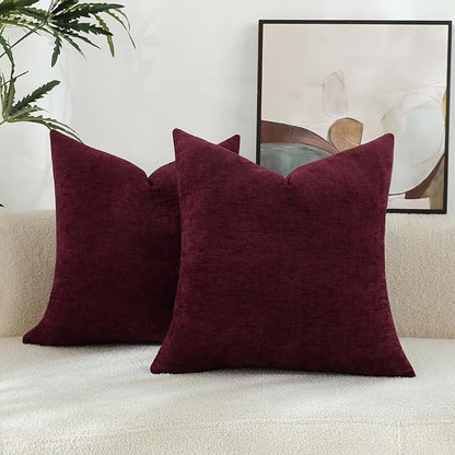 Burgundy Red Chenille Decorative Couch Throw Pillow Covers, Soft Cushion Cases for Home Livingroom Sofa Décor, Pack of 2, 20 x 20 Inches
