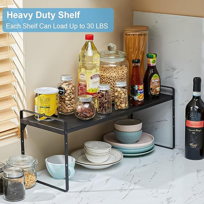 15.5 to 25.5 Inch Kitchen Cabinet Shelf Organizers, Adjustable Kitchen Counter Shelf Organizer, Set of 4 Expandable Countertop Storage Shelves, Stackable Design, 30LBS Heavy Duty, Space Saver