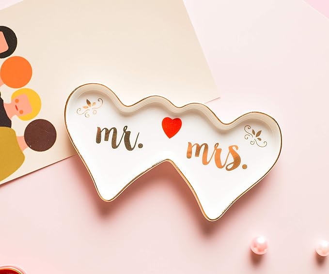 Stephanie Imports Double-Hearted Mr & Mrs Ceramic Trinket Plate and Decorative Jewelry Dish