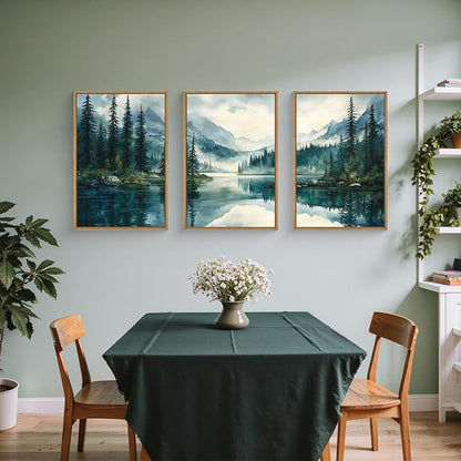 HLNIUC Green Foggy Forest Mountain Wall Art Framed,Large Boho Watercolor Pine Tree Wall Decor set of 3 (16"x24"), Nature Dark Lake Landscape Scenery Canvas Painting for Living Room, Bedroom, Office