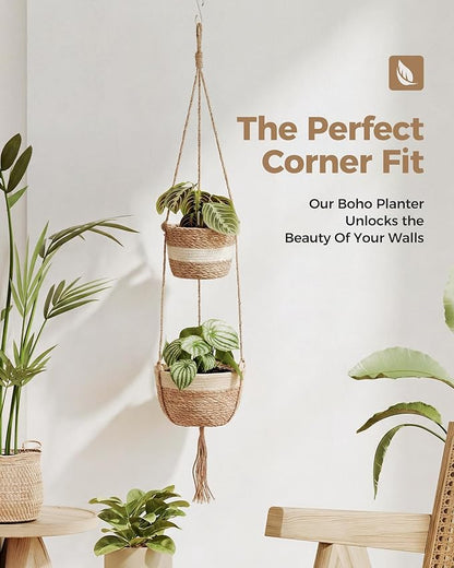 Leaf&lull Macrame Plant Hanger 2-Tier Window Plant Shelf for Indoor Outdoor Plants Rattan Wall Hanging Decorative Hanging Planters for Boho Decor, Wall Decor and Home Decor