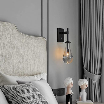 HuisMier Black Wall Sconces, Raindrop Sconces Wall Lighting with On/Off Switch Button, Modern Clear Glass Vanity Light Fixtures Raindrop Wall Sconce for Bathroom Bedroom Living Room Hallway