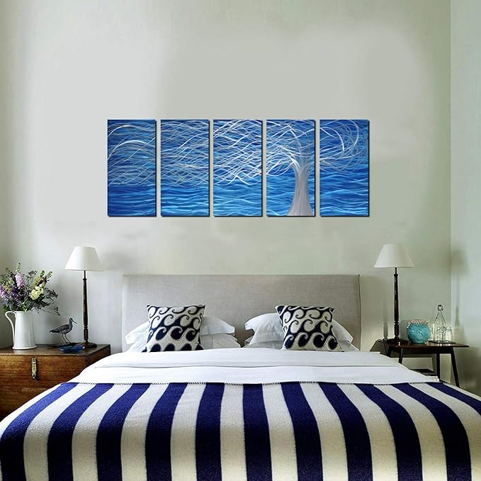 MyArton Unique Metal Wall Sculpture, Metal Wall Art with Tree Painting Design, Abstract Modern and Contemporary Décor, Aluminum Blue Artwork, Indoor and Outdoor decoration, 5 panels 64"Wx24"H