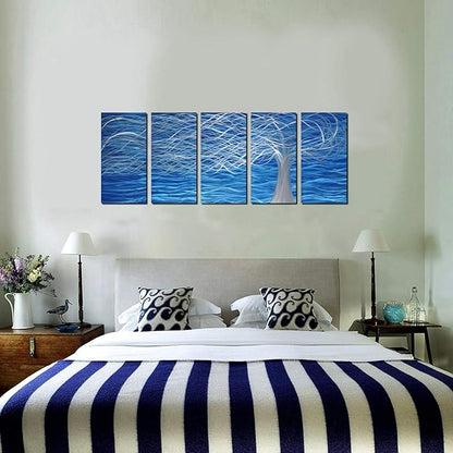MyArton Unique Metal Wall Sculpture, Metal Wall Art with Tree Painting Design, Abstract Modern and Contemporary Décor, Aluminum Blue Artwork, Indoor and Outdoor decoration, 5 panels 64"Wx24"H