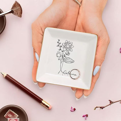 Gossby Personalized Jewelry Tray - Gift for Women, Mom, Friend with Birth Month Flower, Name - Ceramic Trinket Tray, Dish, Plate for Ring, Earring, Bracelet - Gift Mothers Day, Birthday, Christmas V4