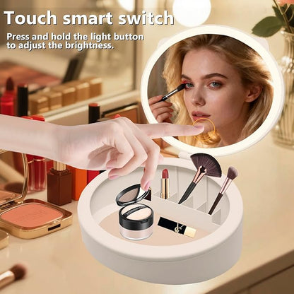 LED Mskeup Mirror with Storage, 4K high-Definition Touch Screen Travel Vanity Mirror with 3 Types of Lights, USB Charging, Magnetic 3-inch 10x Magnifying Glass (Pink)