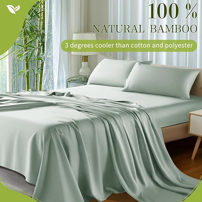 Shilucheng 100% Viscose Derived from Bamboo_ Sheets Cal King Size 4pcs - Ultra Cooling & Silky Soft Bed Sheets, 16" Deep Pocket, Perfect for Hot Sleepers, Hotel Bedding Sheets (Sea Glass)