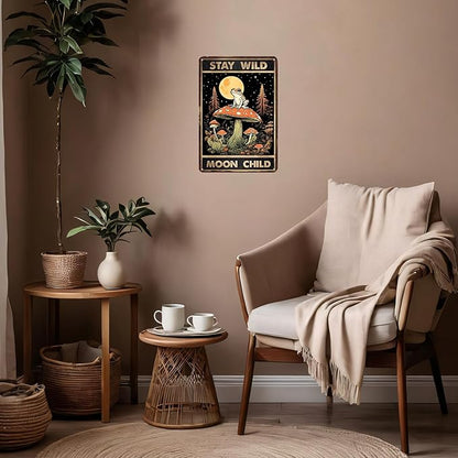 Funny Frog Mushroom Metal Sign, STAY WILD MOON CHILD Cottagecore Goblincore Wall Art, Vintage Tin Plaque for Bathroom Kitchen Bedroom, Whimsical Forest Decor, Mushroom Gifts - 8x12 Inches