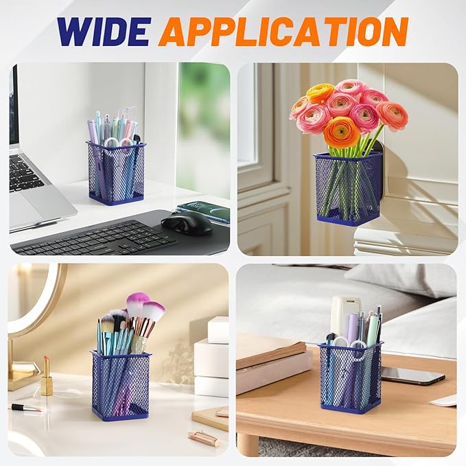 Segarty Pen Cup Holder, 6 Pack Square Dark Blue Pen Holder for Desk, Cute Metal Mesh Pencil Cups Container Marker Organizer Set for Office Supply, School Classroom, Home Desktop, Makeup Brush Storage