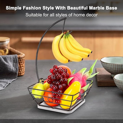 Livabber Countertop Fruit Basket Bowl with Banana Hanger, Modern Standing Fruit Vegetable Bowl Storage, with Banana Tree Holder for Kitchen Dinning Table (Square Marble, Black)