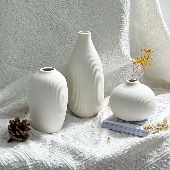 White Ceramic Vase Set of 3 - Small Modern Minimalist Ceramic Bud Vases for Home Decor - Boho Aesthetic Flower Vases for Desk, Shelf & Table, Mantle, Bookshelf (Cute & Versatile) (White)