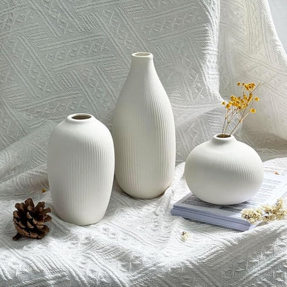 White Ceramic Vase Set of 3 - Small Modern Minimalist Ceramic Bud Vases for Home Decor - Boho Aesthetic Flower Vases for Desk, Shelf & Table, Mantle, Bookshelf (Cute & Versatile) (White)