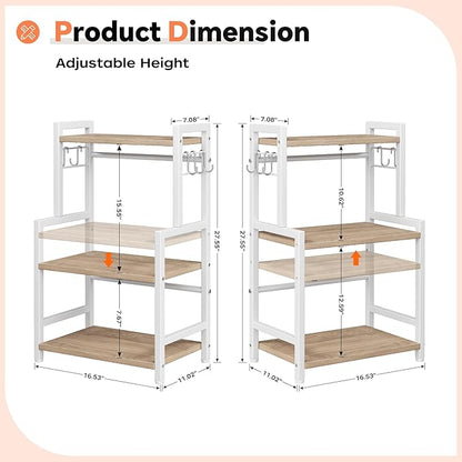 Kitchen Countertop Organizer, 3 Tier Large Spice Rack Organizer with Adjustable Shelf and 5 Hooks, Wooden Counter Organizer, Countertop Shelf Microwave Stand for Kitchen Coffee Bar, Light Coffee