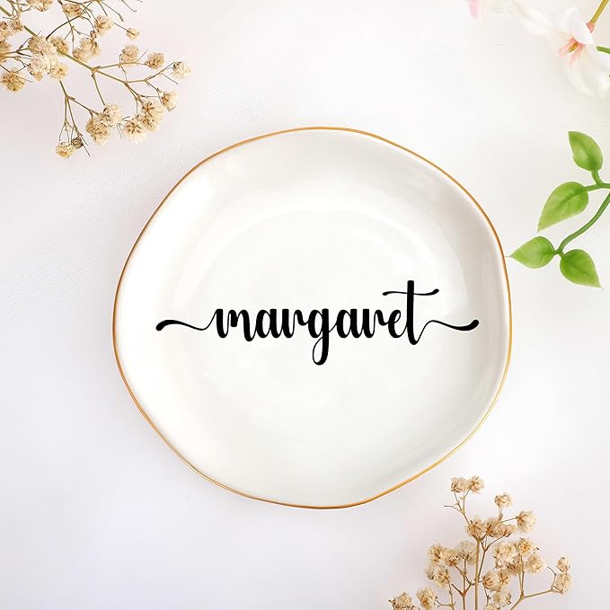 JoycuFF Margaret Personalized Name Ceramic Jewelry Tray, Mothers Day Christmas Anniversary Engagement Birthday Gifts for Women Couples, Trinket Dish for Rings Earrings Necklaces Bracelets Keys