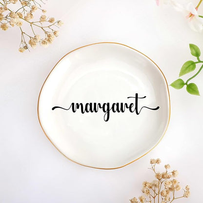 JoycuFF Margaret Personalized Name Ceramic Jewelry Tray, Mothers Day Christmas Anniversary Engagement Birthday Gifts for Women Couples, Trinket Dish for Rings Earrings Necklaces Bracelets Keys