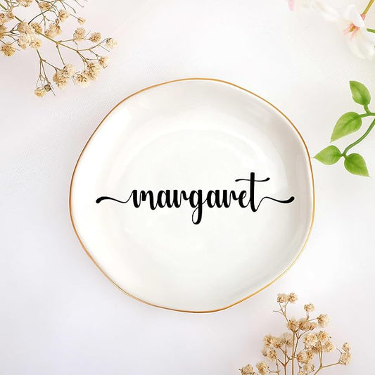 JoycuFF Margaret Personalized Name Ceramic Jewelry Tray, Mothers Day Christmas Anniversary Engagement Birthday Gifts for Women Couples, Trinket Dish for Rings Earrings Necklaces Bracelets Keys