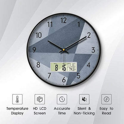 SCAOGE Industrial Wall Clock with Day Week Temperature Grayish Blue Non-Ticking Digital Clocks Large Display Battery Operated Wall Mount Analog Clock with Date for Living Room Bedroom Decor 14 Inch