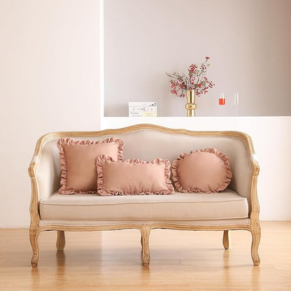 ISAENNE Classic Pink Round Throw Pillow Cover Diameter 16", Solid Color Cottage Linen Cotton Decoration Pillow Cover with Ruffles, Sturdy Throw Pillow Case for Couch Sofa Bed Living Room