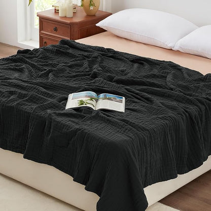 Love's cabin 6 Layer 100% Cotton Muslin Blanket, 90"x90" Muslin Blanket Queen for Couch Bed, Lightweight and Breathable Cotton Gauze for Adult, Black