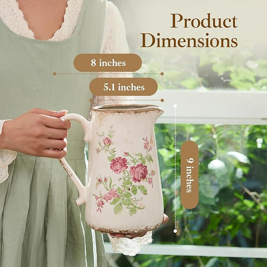Retro Rustic Large Ceramic Vase with Handle, Distressed Farmhouse Pitcher for Home, Ideal Shelf Decor, Red Rose Floral Vase for Living Room Bedroom Office Table Centerpiece Decorations 9 Inch