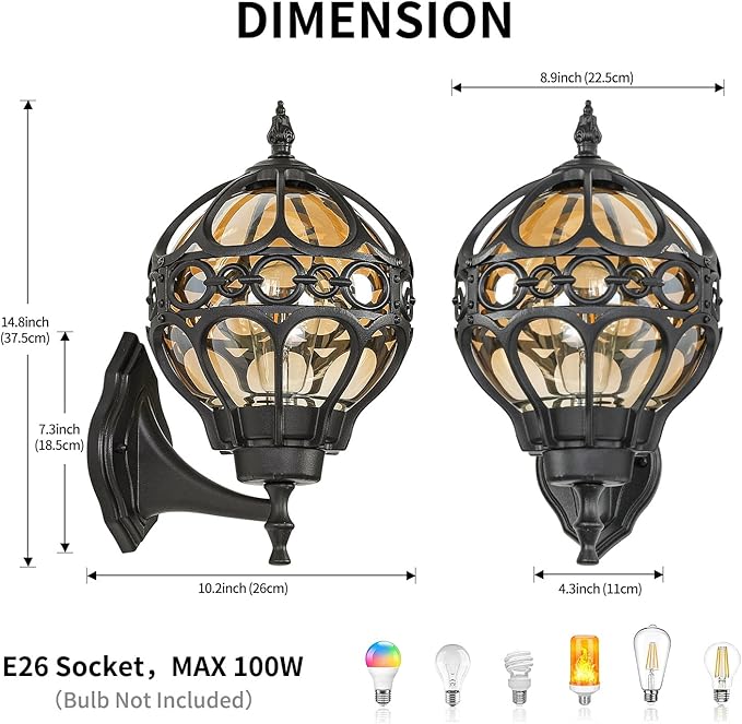 Outdoor Wall Lights, Black Globe Porch Light, Spherical Aluminum Exterior Lighting Fixtures for Patio Yard Doorway Garage, Anti-Rust Waterproof Globe Outside House Lantern Wall Mount with Amber Glass