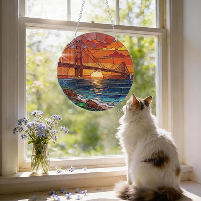 Sunset Bridge Landscape Acrylic Suncatcher, Artistic Colorful Sun Catcher, Indoor Window Wall Art, Aesthetic Home Decor, Window Door Decoration, Birthday Gift for Women, Men, Wife, Aunt, and Mom