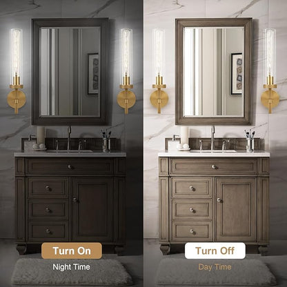 Brass Wall Sconces Set of Two with White Lights, 19.48'' Brushed Brass Knurled Bathroom Sconces Wall Lighting Vanity Light with Clear Glass for Living Room Mirror Bedroom Stairs