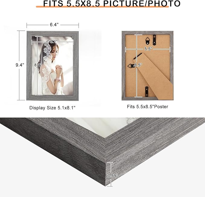 5.5x8.5 Picture Frame Gray, Rustic Natural Grey 8.5x5.5in Photo/Portrait/Poster/Art Frame, Wall Hanging/Tabletop, Horizontal/Vertical Display Gallery Family Wedding Memorial Pic Frame Gift