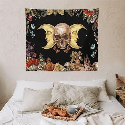 Boho Moon Skull Tapestry,Vintage Sun Moon Hippie Mushroom Floral Plant Tapestries Wall Hanging for Dorm Living Room Bedroom Decor(50"x60")