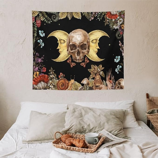 Boho Moon Skull Tapestry,Vintage Sun Moon Hippie Mushroom Floral Plant Tapestries Wall Hanging for Dorm Living Room Bedroom Decor(50"x60")