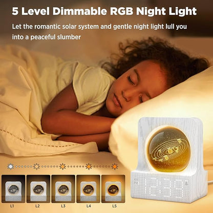 DreamSky Space Alarm Clock for Kids Teens, Small Digital Clock with RGB Night Light for Bedroom, Colorful Crystal Ball Decor for Living Room Office, Dimmer, Gifts for Boys Girls Women (Wood Grain)
