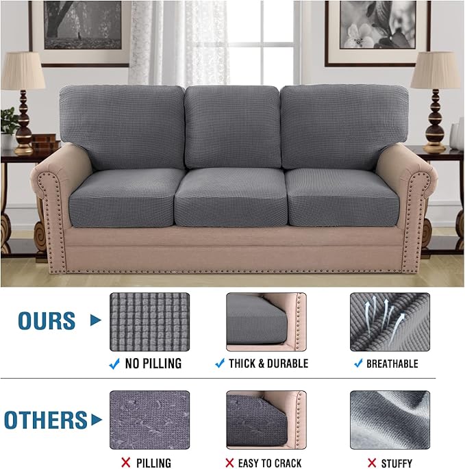 H.VERSAILTEX Multi-Pieces Couch Covers for 3 Cushion High Stretch Sofa Cover Jacquard Textured Washable Twill Fabric(3 Seat Covers Plus 3 Back Cushion Covers, Grey)