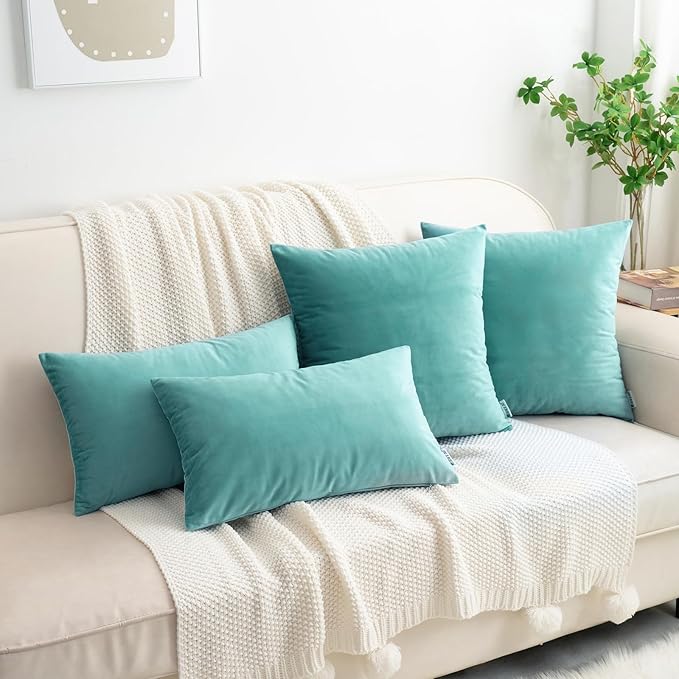 HWY 50 Teal Blue Velvet Throw Pillow Covers 16x16 Inch, Pack of 2 Soft Cozy Solid Decorative Luxury Cushion Cases for Couch Sofa Bed Living Room Bedroom