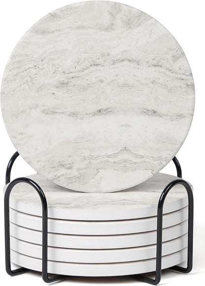 Set of 6 Off White Abstract Onyx Marble Coasters with Holder, Absorbent Ceramic Drink Coasters for Table Protection, Coffee Table Decor