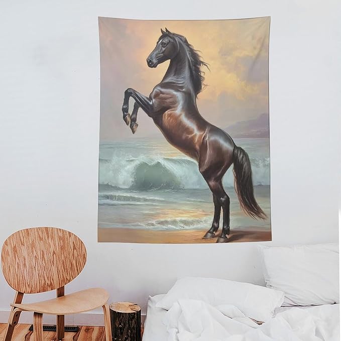 JYOUQOC Horse Animal Stands On The Beach Tapestry Flag Backdrop Wall Hanging Large Wall Art Decor for Dorm Office Bedroom Living Room 60"×80"