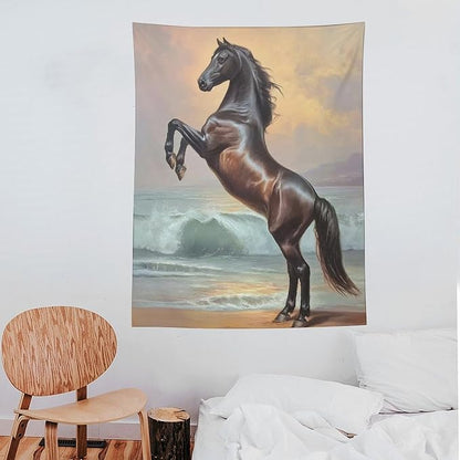 JYOUQOC Horse Animal Stands On The Beach Tapestry Flag Backdrop Wall Hanging Large Wall Art Decor for Dorm Office Bedroom Living Room 60"×80"