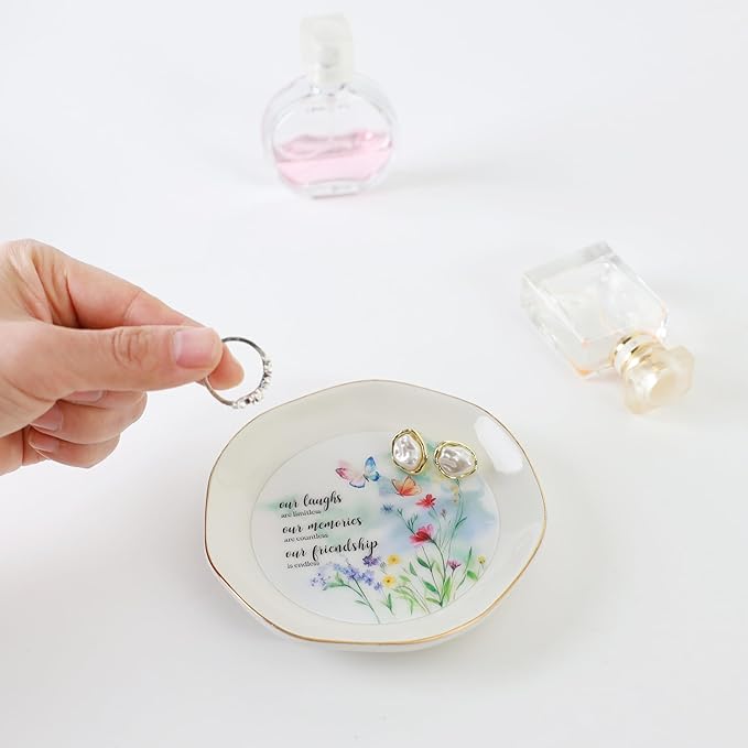 HOME SMILE Friendship Gifts for Women Best Friend Jewelry Ring Dish Tray with Dynamic Butterfly&Flower Pattern Shifts,Our Laughs are Limitless Unique Gifts for Friends Birthday Mother's Day Christmas