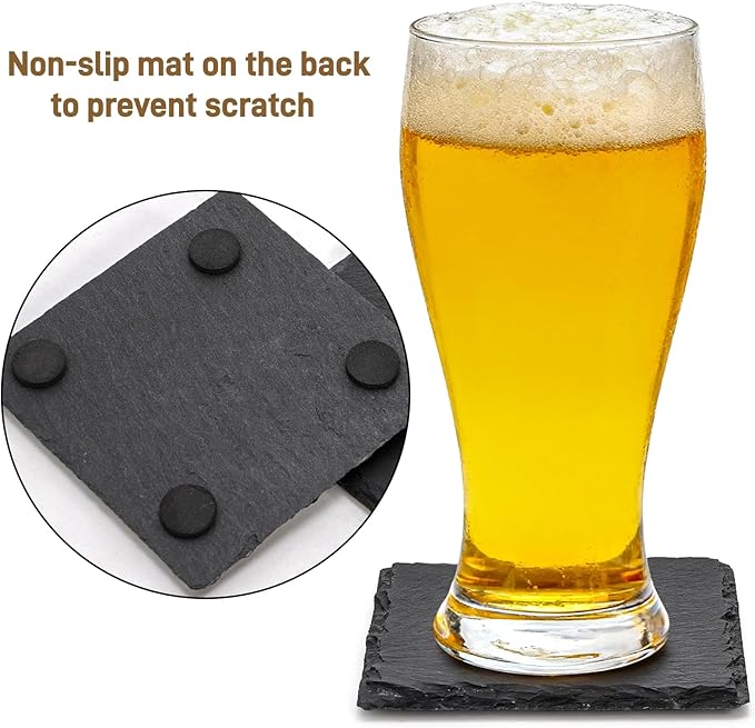 ZOOFOX 24 Pieces Drink Coasters, 4 Inch Square Slate Stone Coaster with 3 Holders, Handmade Coasters Set for Bar Kitchen Home Decor