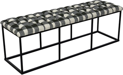 HomePop Upholstered Button Tufted Decorative Bench with Metal Base, Black and White Plaid
