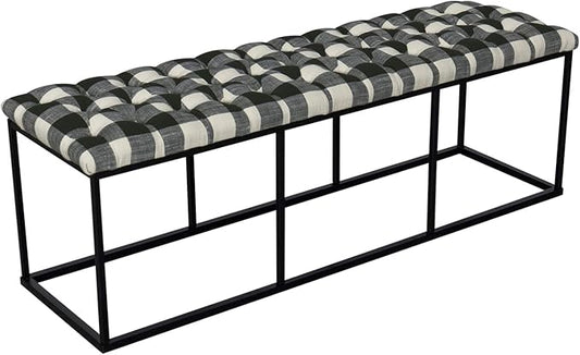HomePop Upholstered Button Tufted Decorative Bench with Metal Base, Black and White Plaid